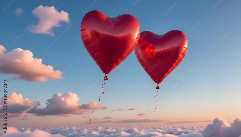 Two red heart-shaped balloons floating in a blue sky with clouds Two red heart-shaped balloons floating in a blue sky with clouds