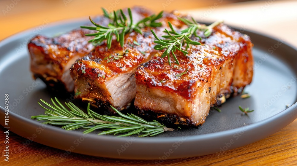 Deliciously Grilled Pork Steak with Herbs Served on a Black Plate, Ideal for Culinary and Gastronomy Projects, Food Publications, and Recipe Websites
