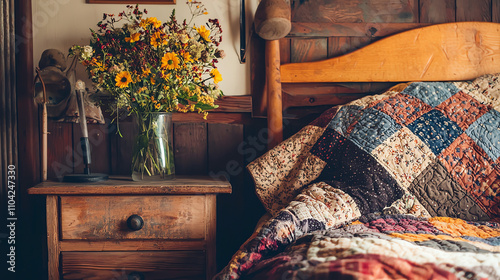 Cozy bedroom featuring a patchwork quilt and a wooden nightstand adorned with flowers for a warm, inviting atmosphere