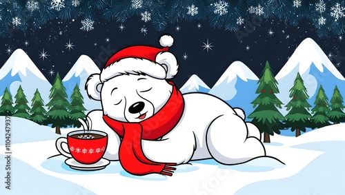 A cute white bear sleeping in the snow wearing generative ai 