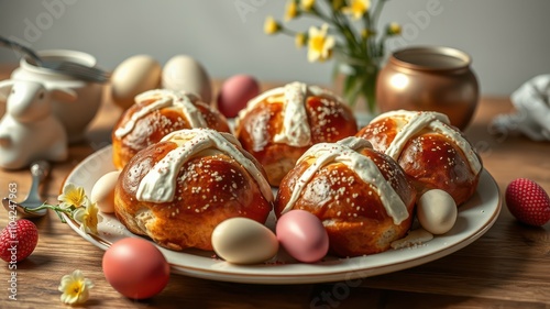 Freshly baked Easter buns displayed with decorative eggs and flowers on a wooden table photo