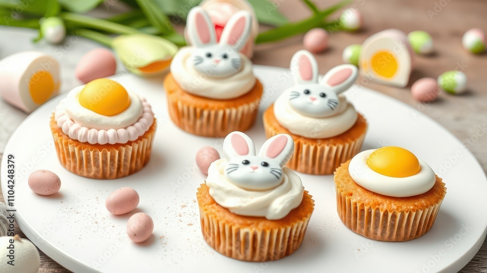 Festive cupcakes decorated with bunny faces and egg motifs for spring celebration Festive cupcakes decorated with bunny faces and egg motifs for spring celebration