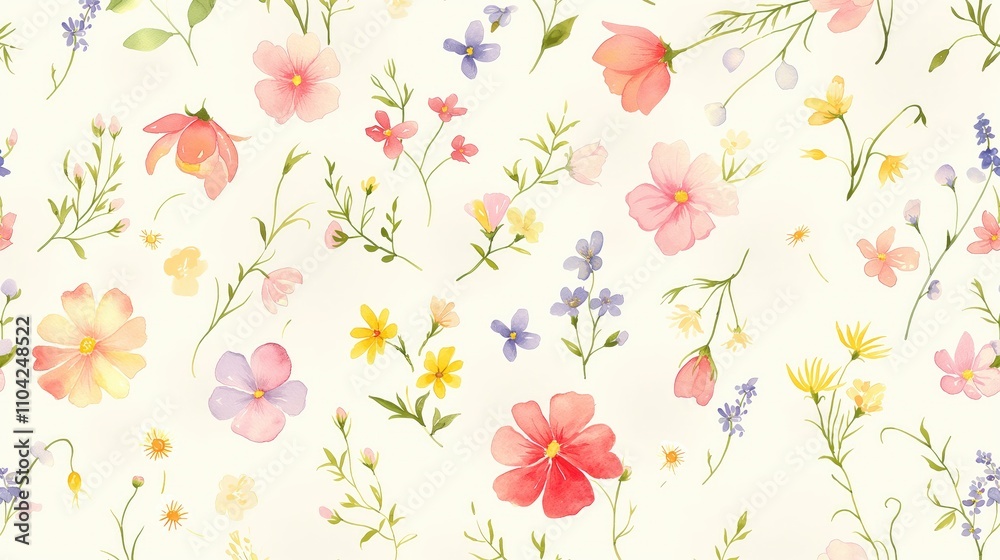 Fototapeta premium Watercolor pattern with different colored flowers on a white background. Watercolor delicate floral pattern.