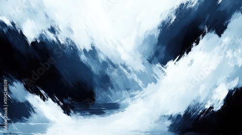 Dynamic waves surge toward the shoreline, their frothy tips blending with muted blues and whites. The scene captures the essence of nature's relentless energy