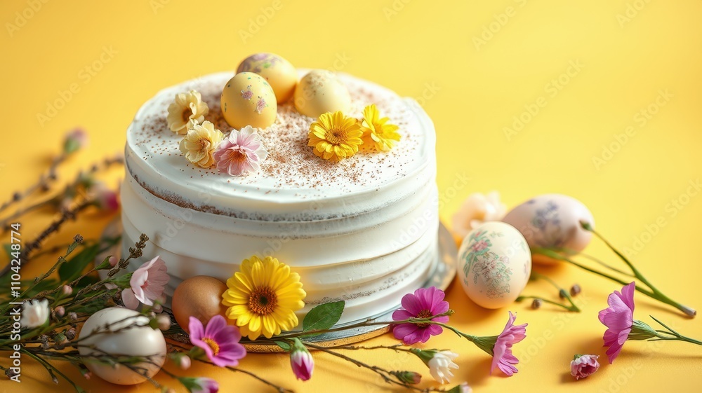 Decorative cake adorned with flowers and eggs displayed on a bright yellow background during a spring celebration Decorative cake adorned with flowers and eggs displayed on a bright yellow background during a spring celebration