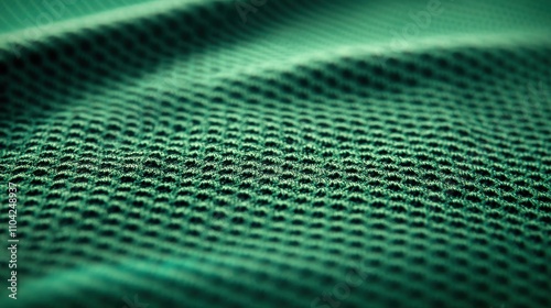 A close-up of a textured green fabric with a woven mesh design. The intricate pattern creates a dynamic surface, showcasing the fabric's soft, breathable quality and modern appeal.