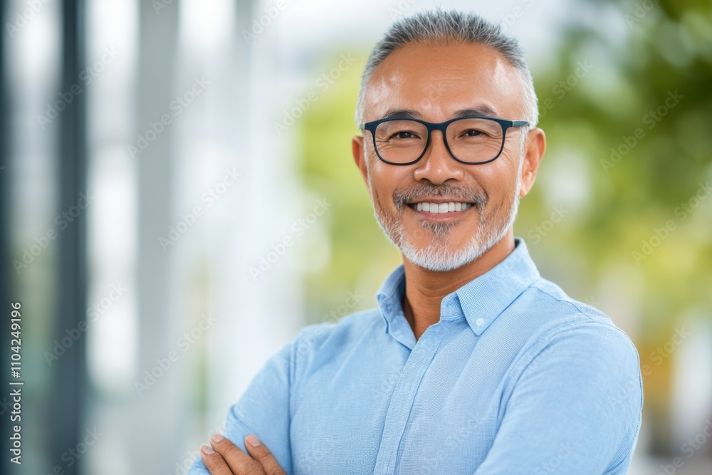 Smiling man wearing glasses poses confidently outdoors in a modern setting Smiling man wearing glasses poses confidently outdoors in a modern setting