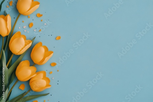 Bright yellow tulips arranged beautifully on a blue background with scattered petals