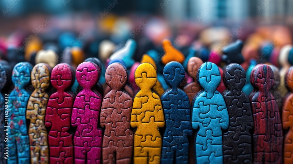 Naklejka premium A vibrant collection of puzzle piece figurines creates a striking visual representation of unity and diversity, showcasing various colors and textures in the art piece.