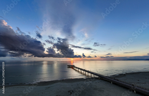 Aerial view of the beach and the pier in Marina di Pietrasanta, Tuscany