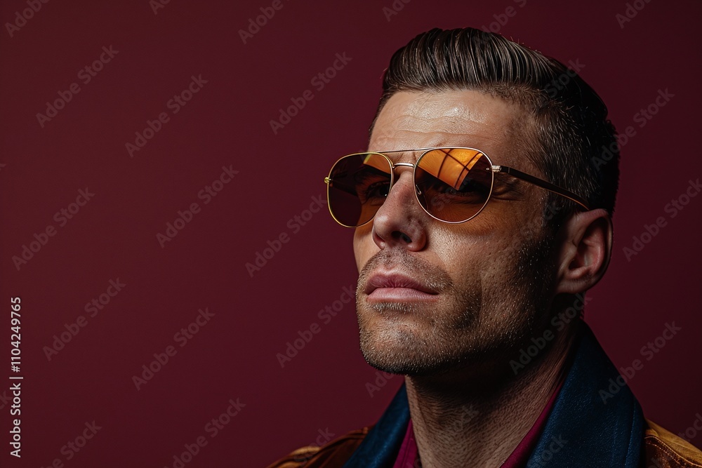 Obraz premium Stylish portrait, man wearing amber aviator sunglasses, warm red background, confident expression, modern and bold look, trendy fashion accessory, sophisticated and timeless style