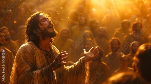 Jesus lowering His hands after prayer, the man’s swollen limbs completely healed, the crowd filled with silent awe, golden light illuminating their faces, realistic rendering,