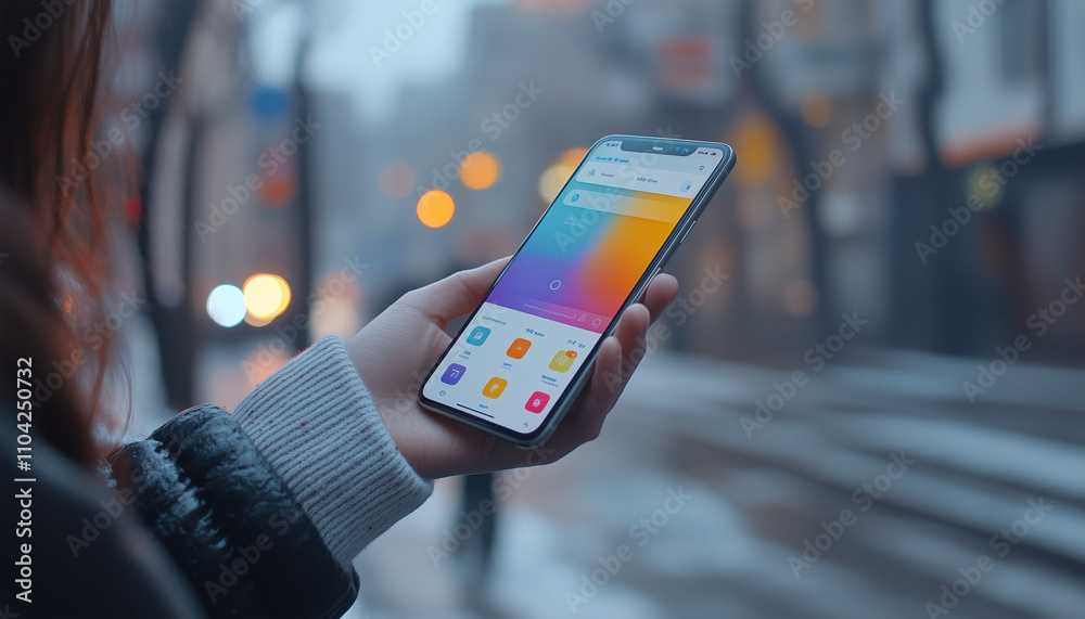 phone in hand. person holding mobile on a cold winter street to get info phone in hand. person holding mobile on a cold winter street to get info