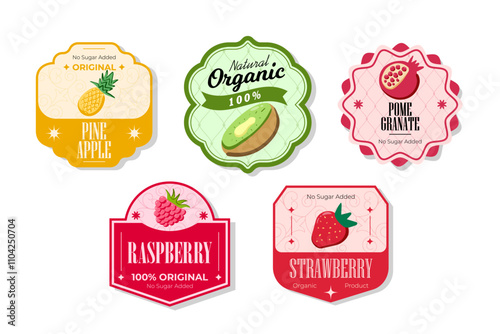 Retro fruits banner and labels. Different juices stickers. Packaging tags with pomegranate, pineapple, strawberry. Set of seasonal fruits labels stickers and marks or badges template for packaging