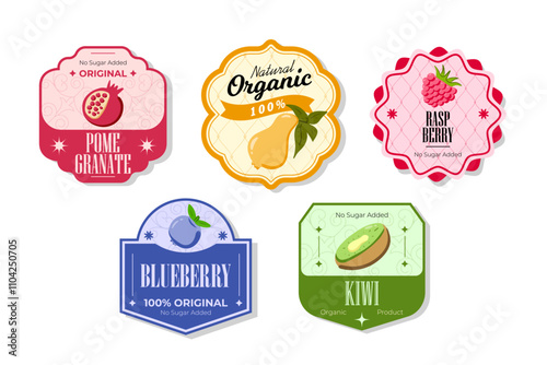 Retro fruits banner and labels. Different juices stickers. Packaging tags with pomegranate, blueberry, kiwi, pear. Set of seasonal fruits labels stickers and marks or badges template for packaging