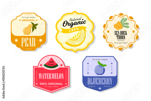 Retro fruits banner and labels. Different juices stickers. Packaging tags with blueberry, watermelon, seabuckthorn, pear. Set of seasonal fruits labels stickers and marks or badges template for packag