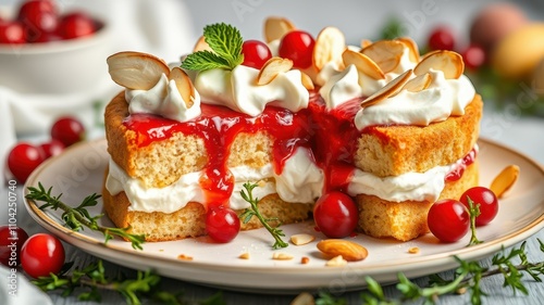 Delicious homemade cake topped with whipped cream, cherries, and almonds ready to be enjoyed at a family gathering