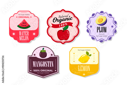 Retro fruits banner and labels. Different juices stickers. Packaging tags with mangostin, watermelon, plum, lemon. Set of seasonal fruits labels stickers and marks or badges template for packaging