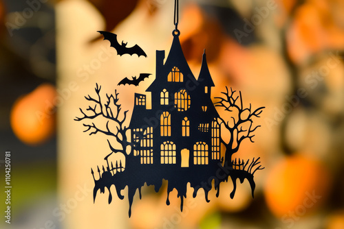 Spooky haunted house silhouette with bats and trees on autumn background photo