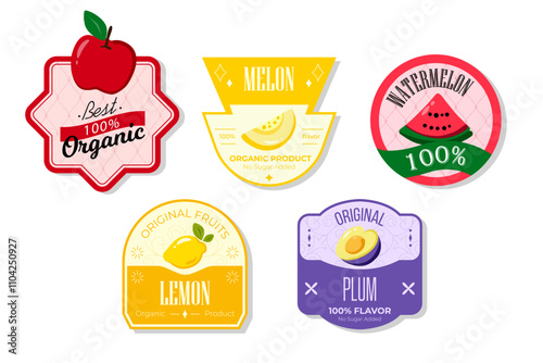 Retro fruits banner and labels. Different juices stickers. Packaging tags with watermelon, plum, lemon, melon. Set of seasonal fruits labels stickers and marks or badges template for packaging