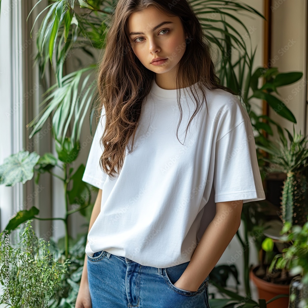 Young Woman in White T-Shirt with Natural Light Young Woman in White T-Shirt with Natural Light