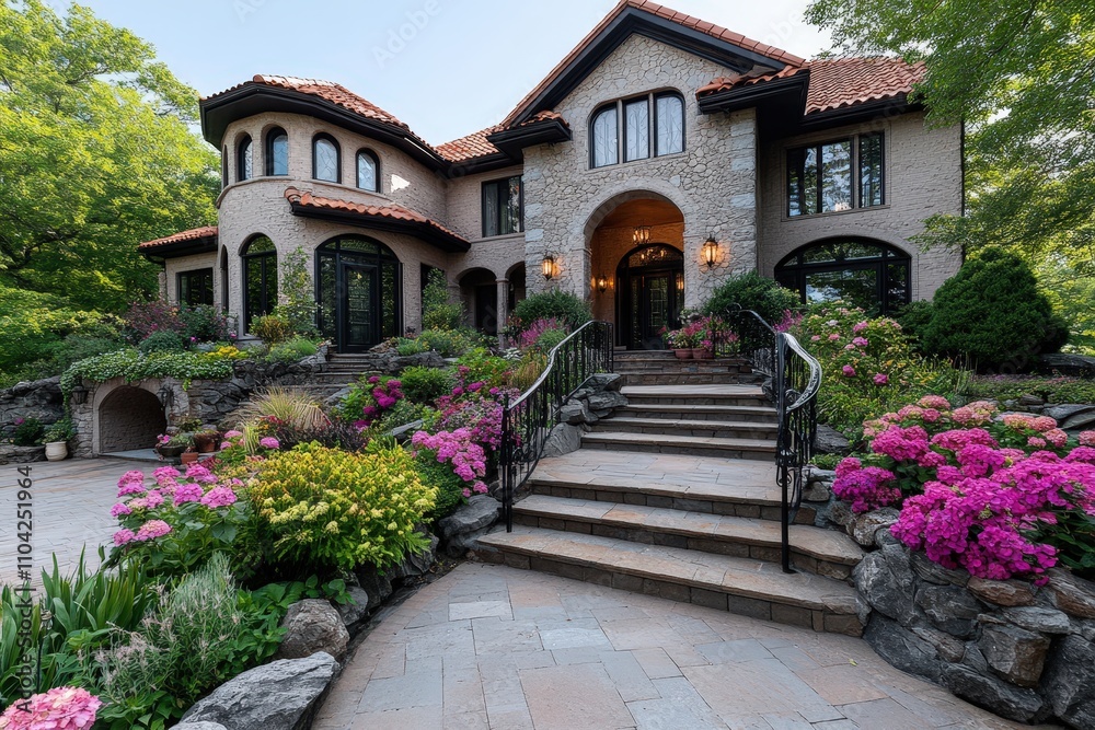A beautiful home featuring a stone pathway surrounded by lush flowers and greenery, representing elegance and tranquility in a serene residential setting. A beautiful home featuring a stone pathway surrounded by lush flowers and greenery, representing elegance and tranquility in a serene residential setting.