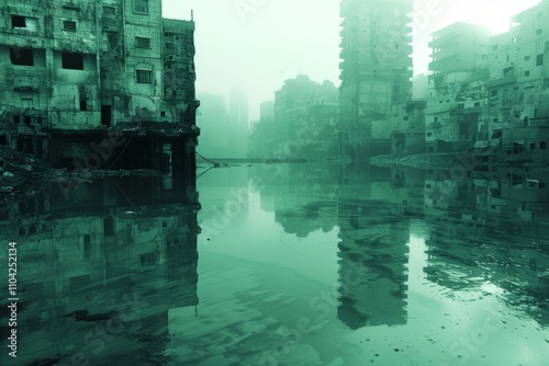 Destruction and reflections in a flooded urban landscape after chaos from annexation actions