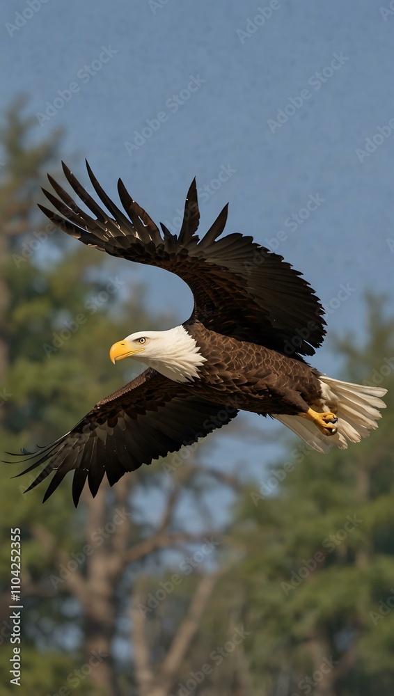 Fototapeta premium Bald eagle flying with wings spread.