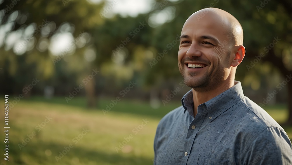 Bald man outdoors, wind blowing through short hair, smiling serenely. Bald man outdoors, wind blowing through short hair, smiling serenely.