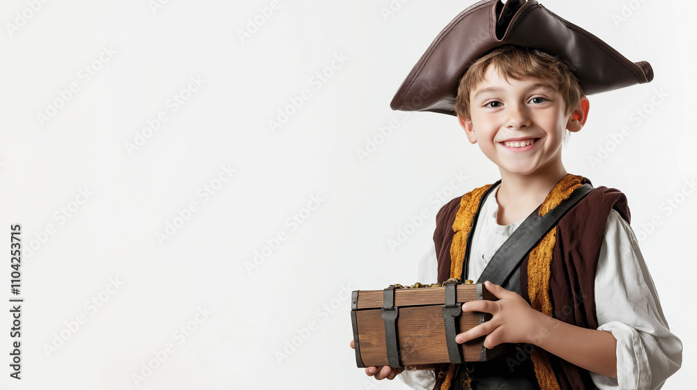 Naklejka premium Studio portrait of happy smiling child wearing pirate costume holding wooden treasure chest full of gold coins