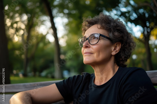 Happy mature woman sitting on bench and relaxing in city park on wonderful day