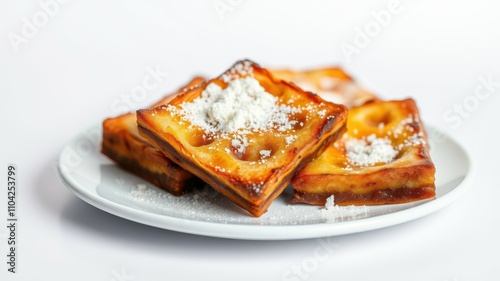 Delicious crispy waffles topped with powdered sugar on a white plate, perfect for breakfast or dessert enjoyment photo