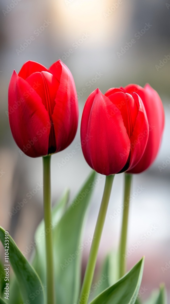 Bright red tulips in a minimalist vase on a light background creating a serene atmosphere Bright red tulips in a minimalist vase on a light background creating a serene atmosphere