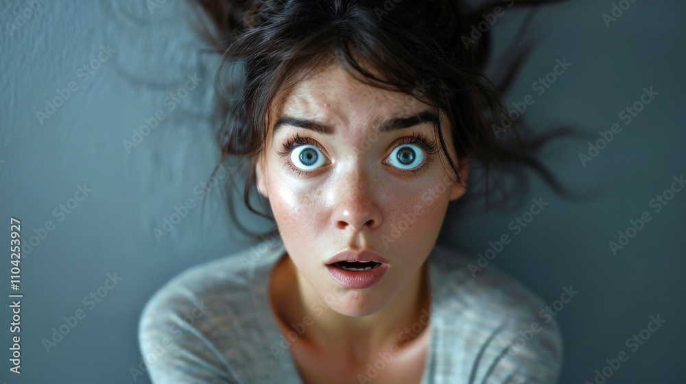 striking portrait of a person expressing fear, with wide eyes and a slightly open mouth against a flat background striking portrait of a person expressing fear, with wide eyes and a slightly open mouth against a flat background