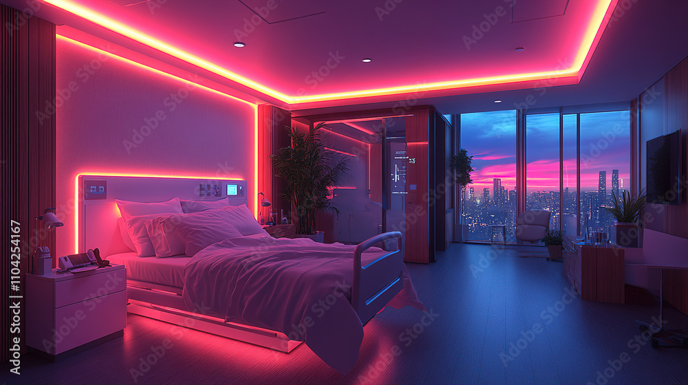 Fototapeta premium Modern bedroom with vibrant neon lighting and city view during sunset in urban high-rise building. Generative AI