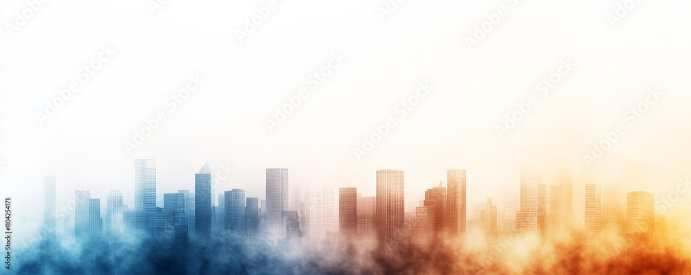 City skyline emerging from a colorful fog and smoke, with a gradient from blue to orange at sunset City skyline emerging from a colorful fog and smoke, with a gradient from blue to orange at sunset