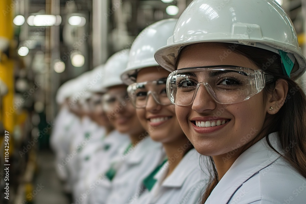 Smiling Workers in White Helmets and Safety Glasses at Factory Smiling Workers in White Helmets and Safety Glasses at Factory