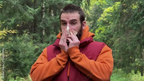 handsome young bearded man in park sneezing, sick. concept autumn cold