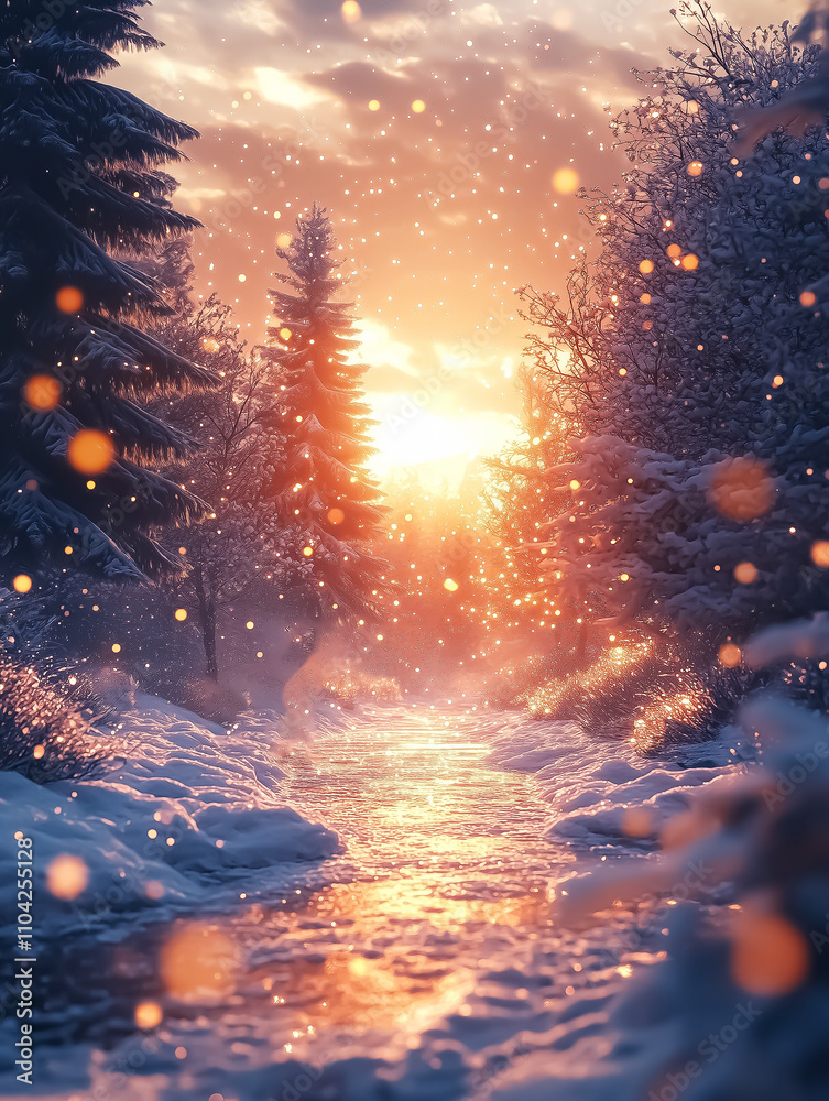 Serene winter landscape at sunset with a snowy river and sparkling snowflakes, perfect for wall art, posters, and holiday decorations. Serene winter landscape at sunset with a snowy river and sparkling snowflakes, perfect for wall art, posters, and holiday decorations.