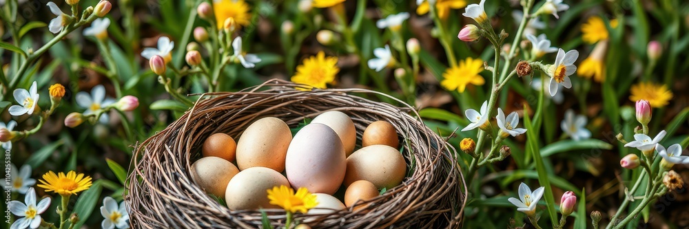 Nest filled with various eggs surrounded by colorful wildflowers in a serene garden setting Nest filled with various eggs surrounded by colorful wildflowers in a serene garden setting