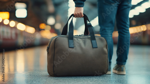 Tourist carrying luggage in station, embarking on train trip, travel and adventure concept photo