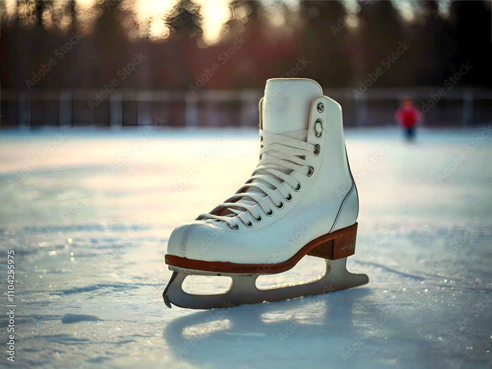 Closeup of vintage retro ice skates on ice in the skating ring, sport background, vintage equipment concept