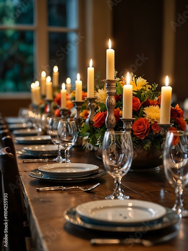 Banquet table decorated with plates, glasses, and candles.