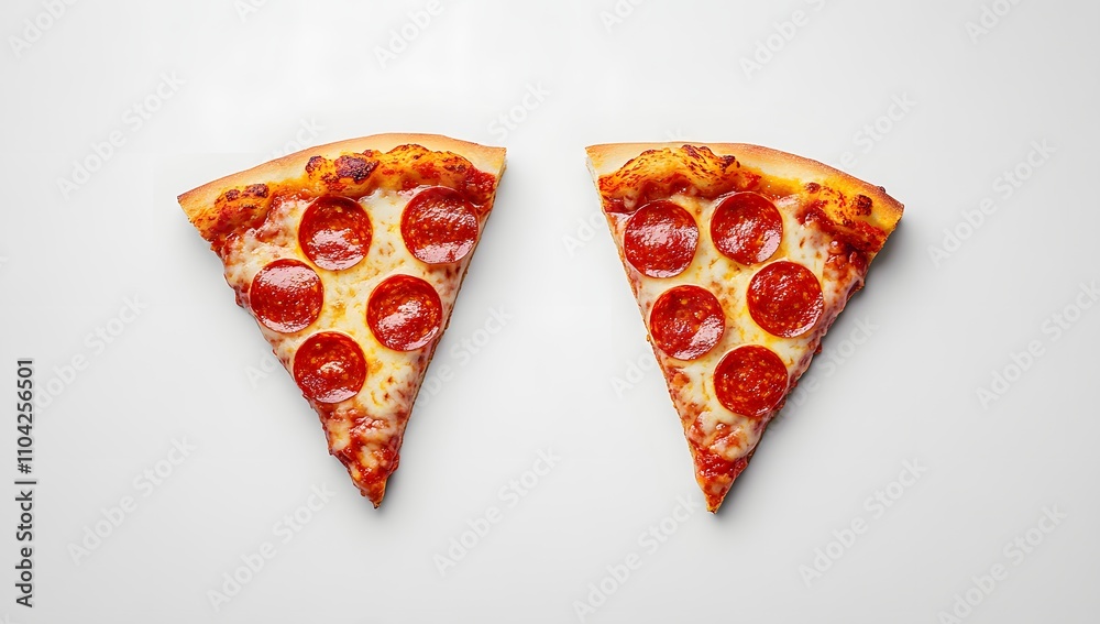 Fototapeta premium Two slices of pepperoni pizza on a white background. A classic, delicious treat!