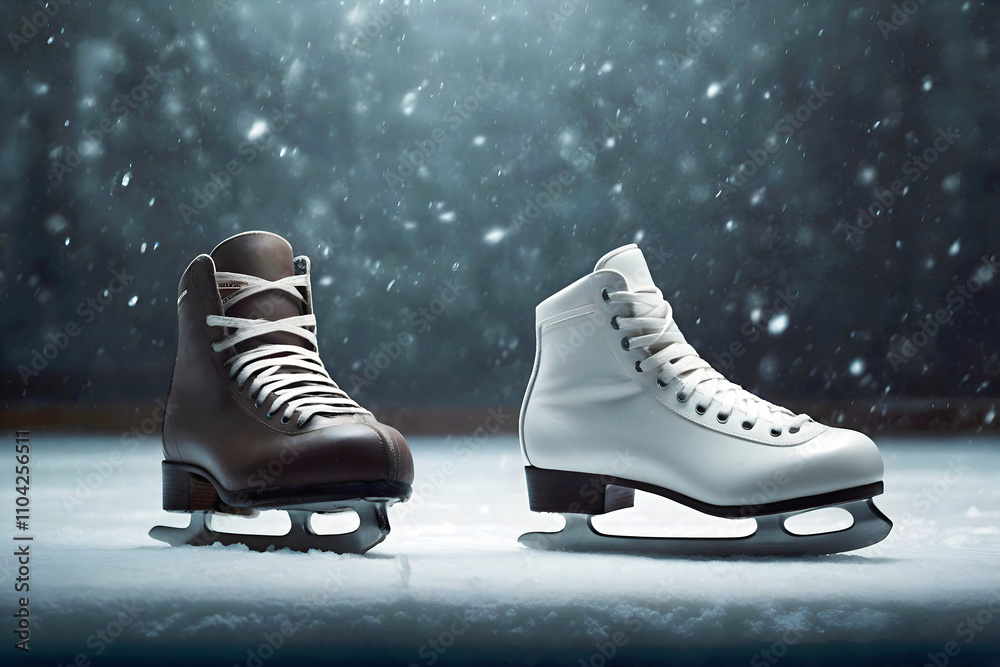 Closeup of vintage retro ice skates on ice in the skating ring, sport background, vintage equipment concept