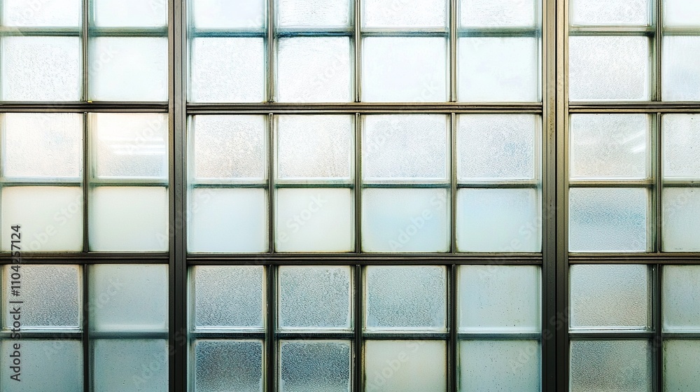 Glass block wall with frosted panels allowing soft light in a modern interior space Glass block wall with frosted panels allowing soft light in a modern interior space