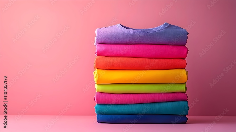 A stack of colorful shirts on a pink background A stack of colorful shirts on a pink background