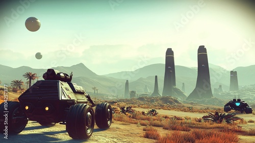 A retro-futuristic desert landscape with glowing hoverbikes and sleek outposts. photo