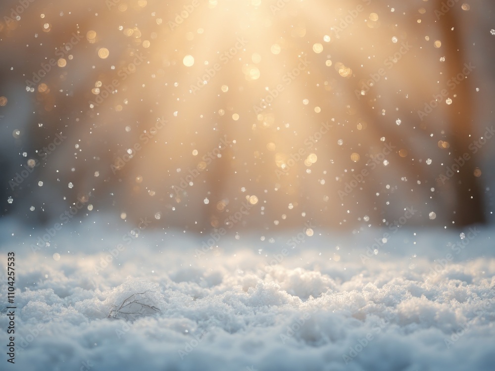A close-up view of a snowy ground with falling snowflakes in the background. The sunbeams pierce through the falling snow, creating a magical and ethereal atmosphere. A close-up view of a snowy ground with falling snowflakes in the background. The sunbeams pierce through the falling snow, creating a magical and ethereal atmosphere.
