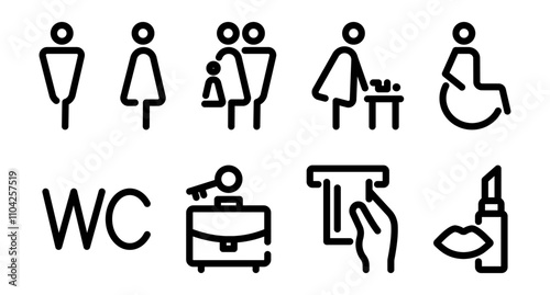 WC icons editable stroke. Stylish toilet  line sign set. Men, women, mother with child and disability symbol. Vector illustration.